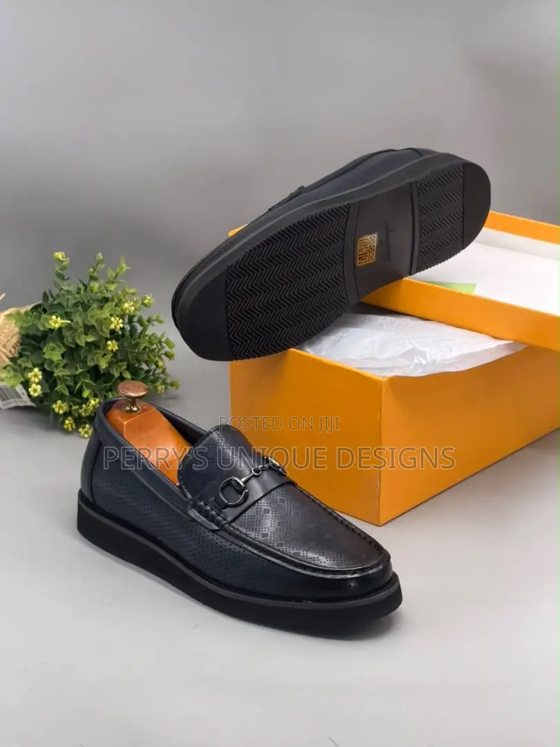 Premium Perforated Leather Platform Loafers - Navy Blue