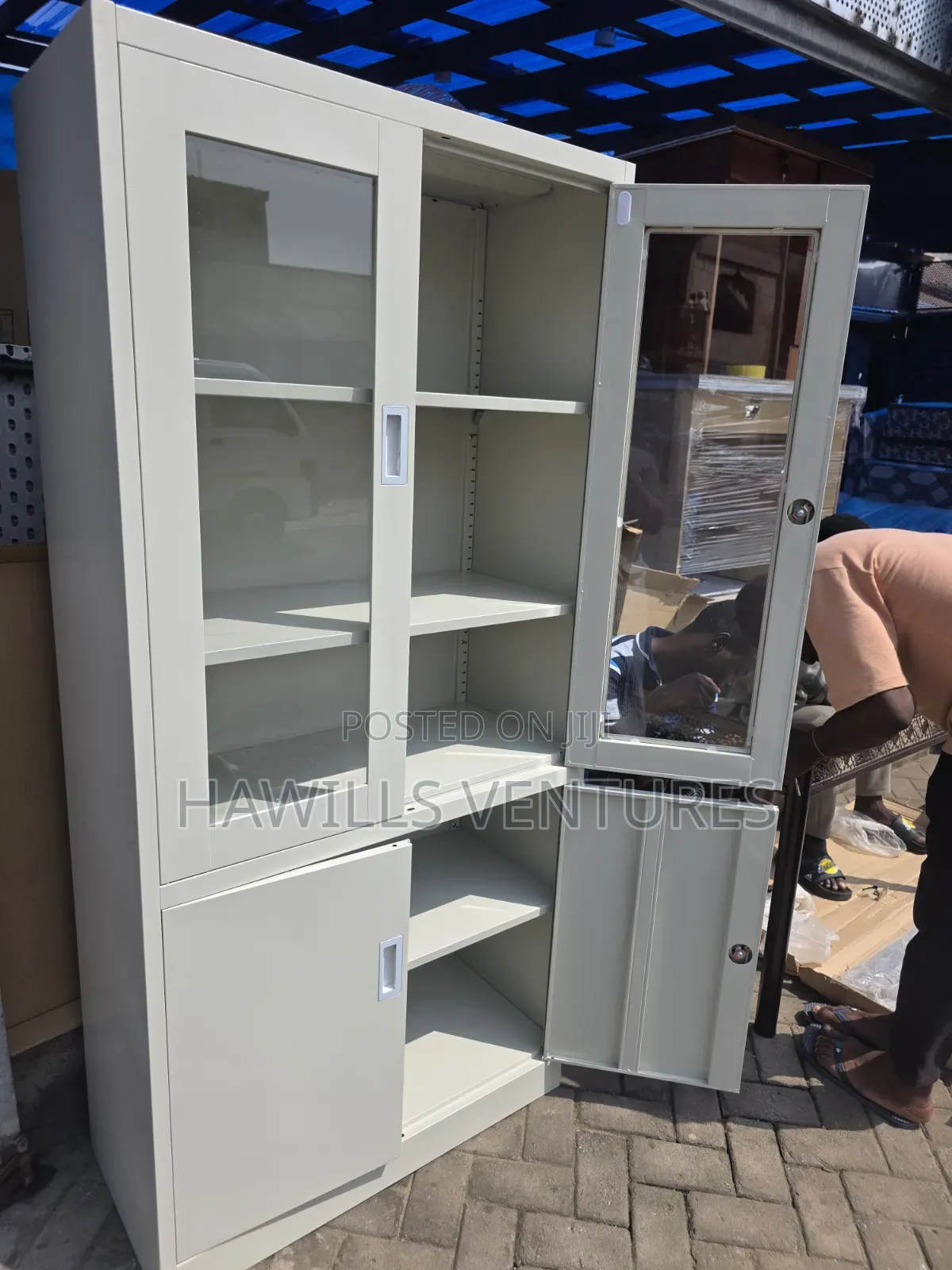 Light Gray Zuo Modern Metal Cabinet With Glass Door and Solid Metal.