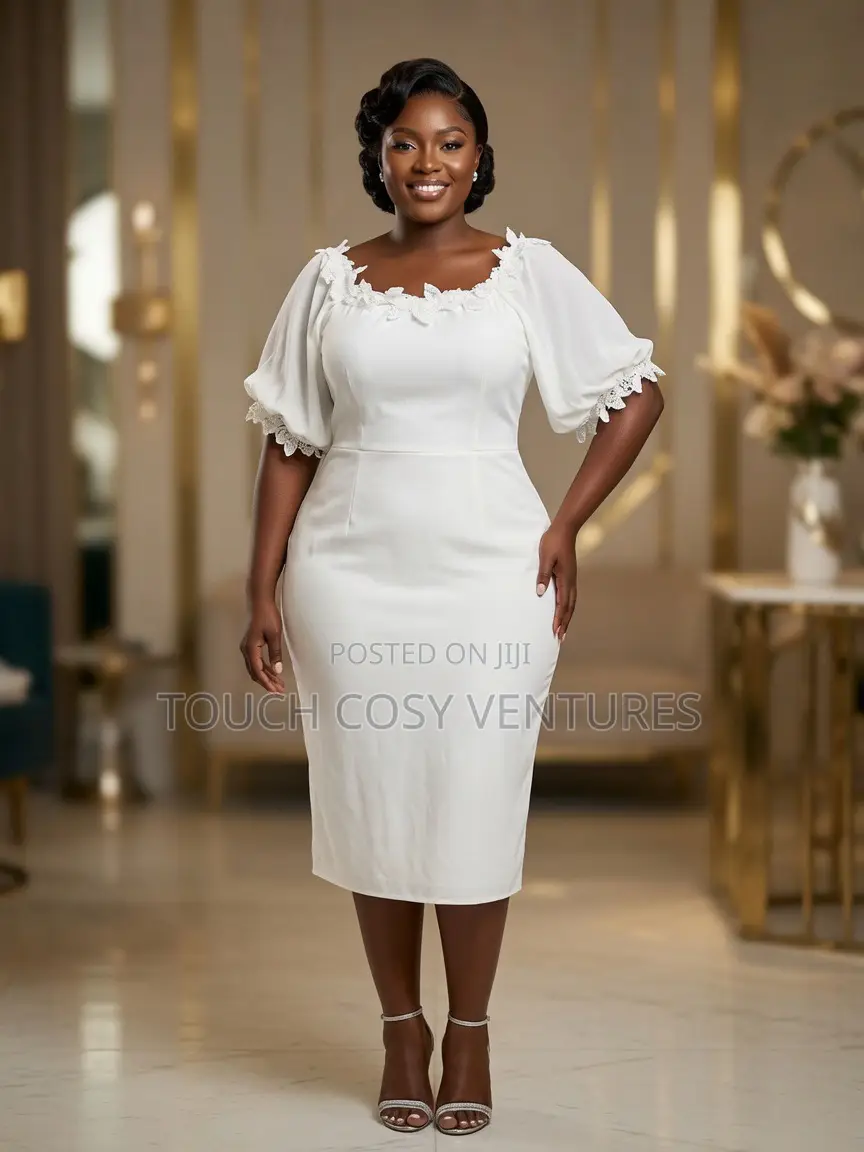 Elegant White Puff Sleeve Lace Midi Dress( Xl/ Uk Size 14)