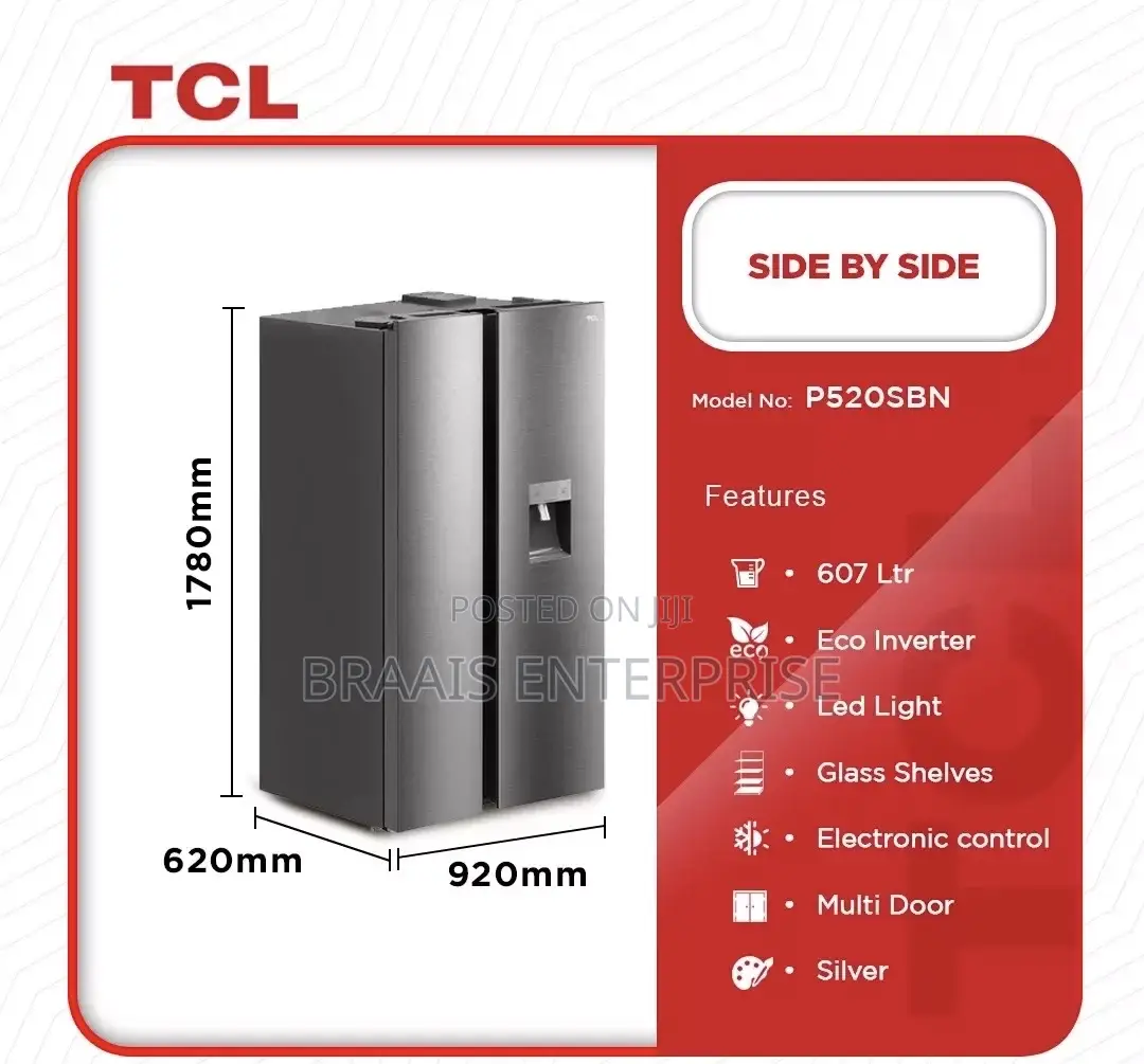 Tcl Fridge Side By Side 607 Ltr Water Dispenser Silver