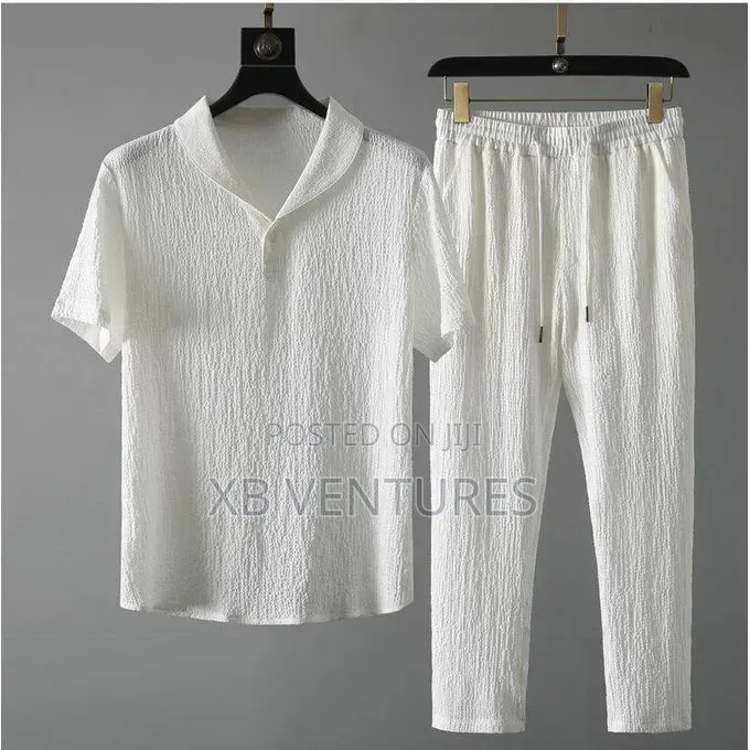 Men's T-Shirts Short-Sleeve and Pants Set – Comfortable Textured Fab