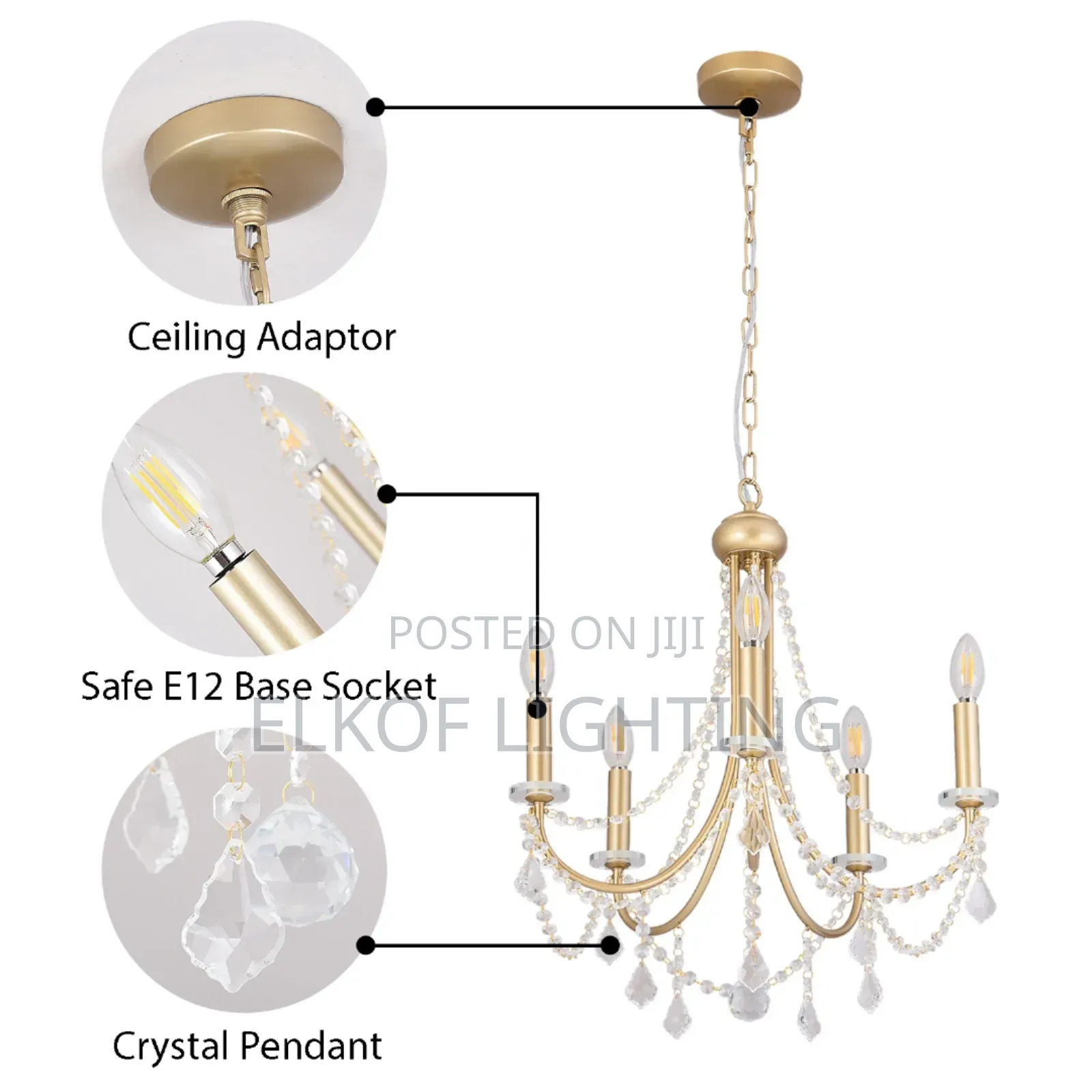 Curved Arm Chandelier Crystal Gold