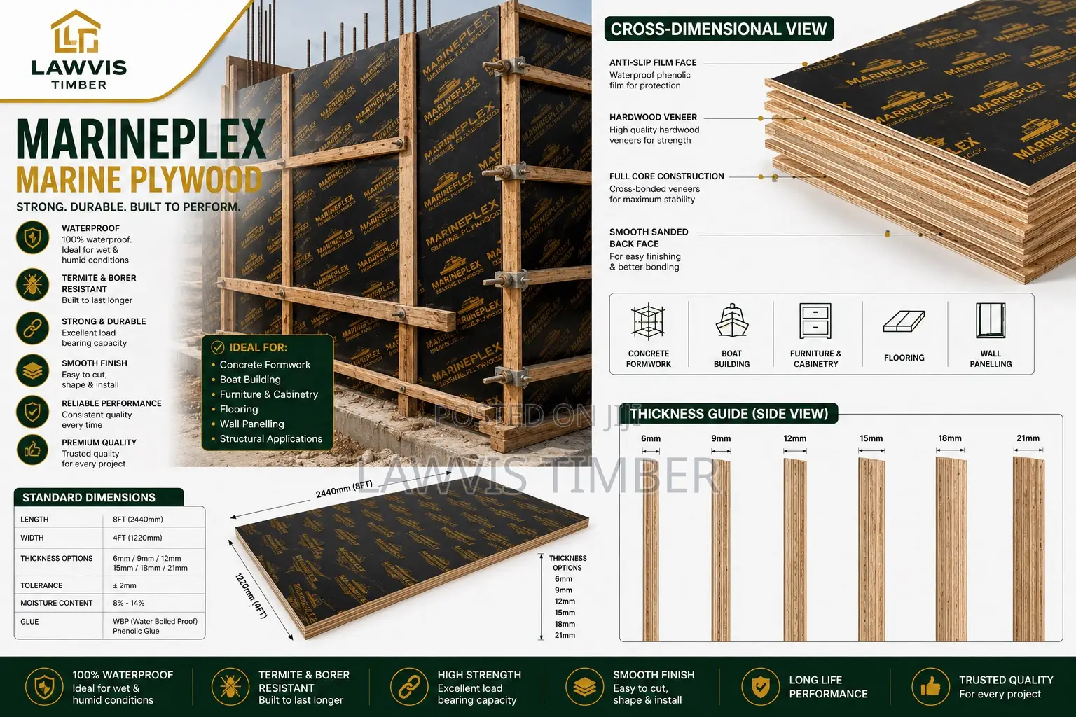 MarinePlex Marine Plywood 4ft×8ft| Waterproof Formwork Furniture Board
