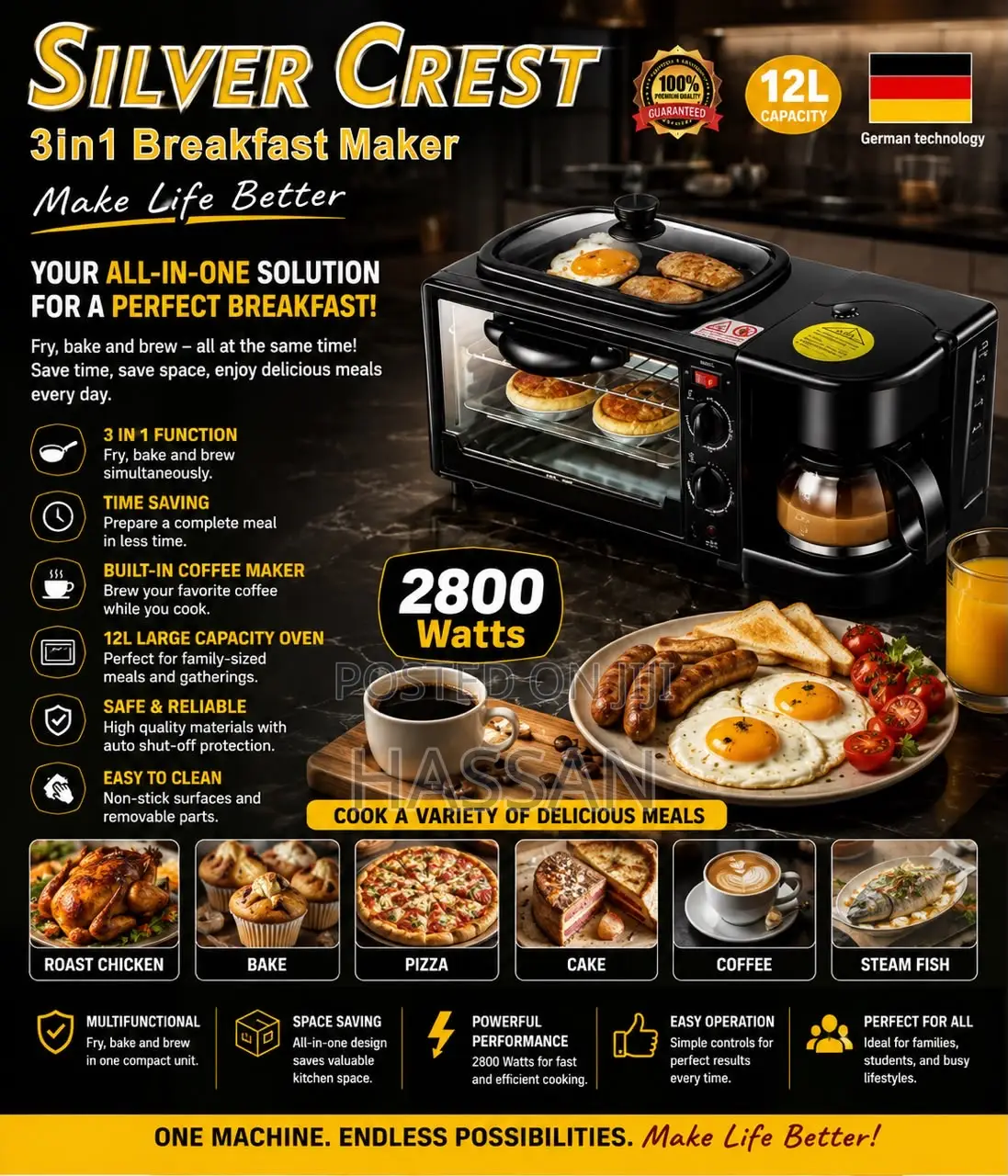 3in1 Breakfast Maker 12L Capacity Oven (Coffee,bakeries,frying)