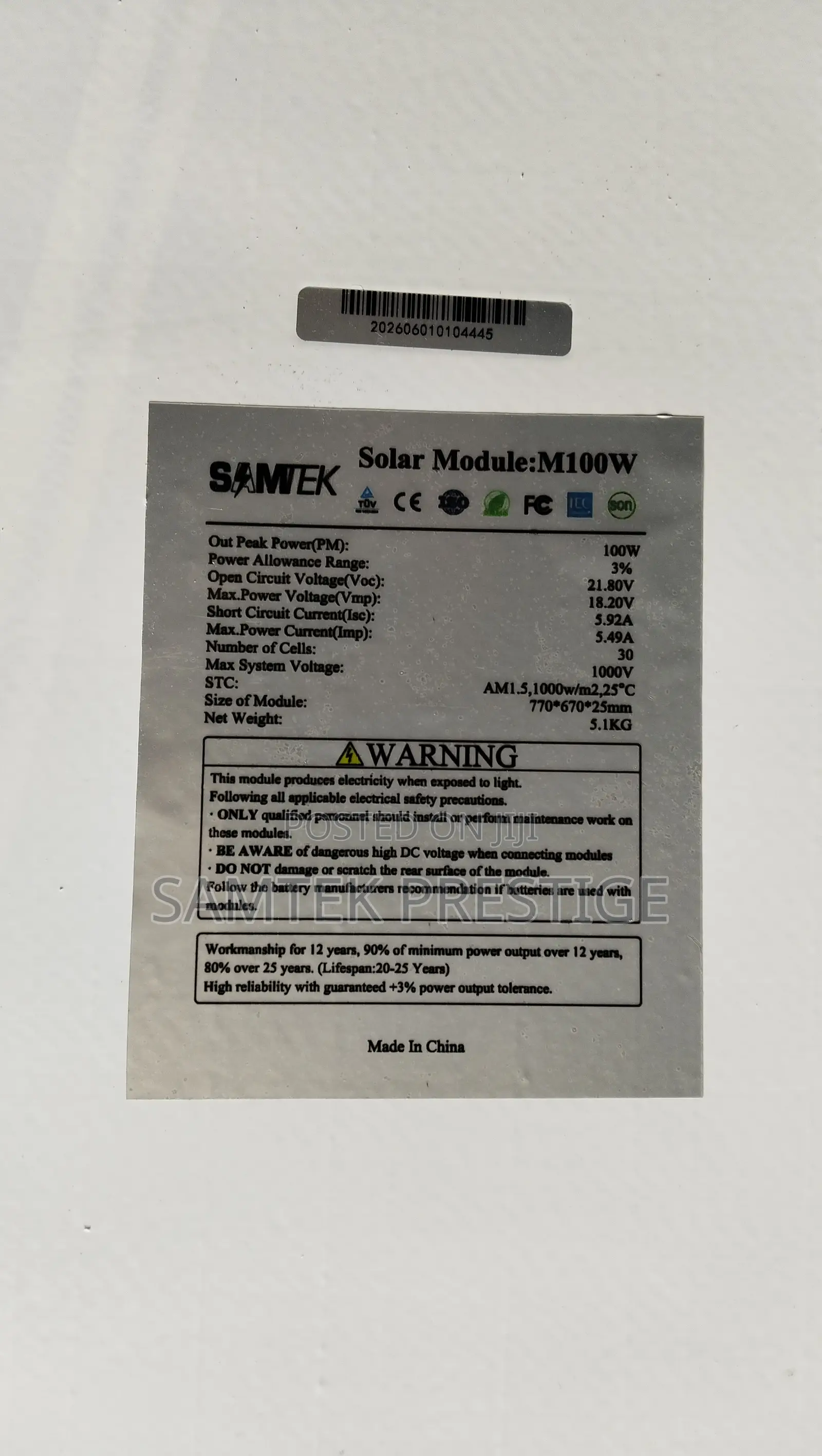 SamTek 100watt Monocrystalline Solar Panel