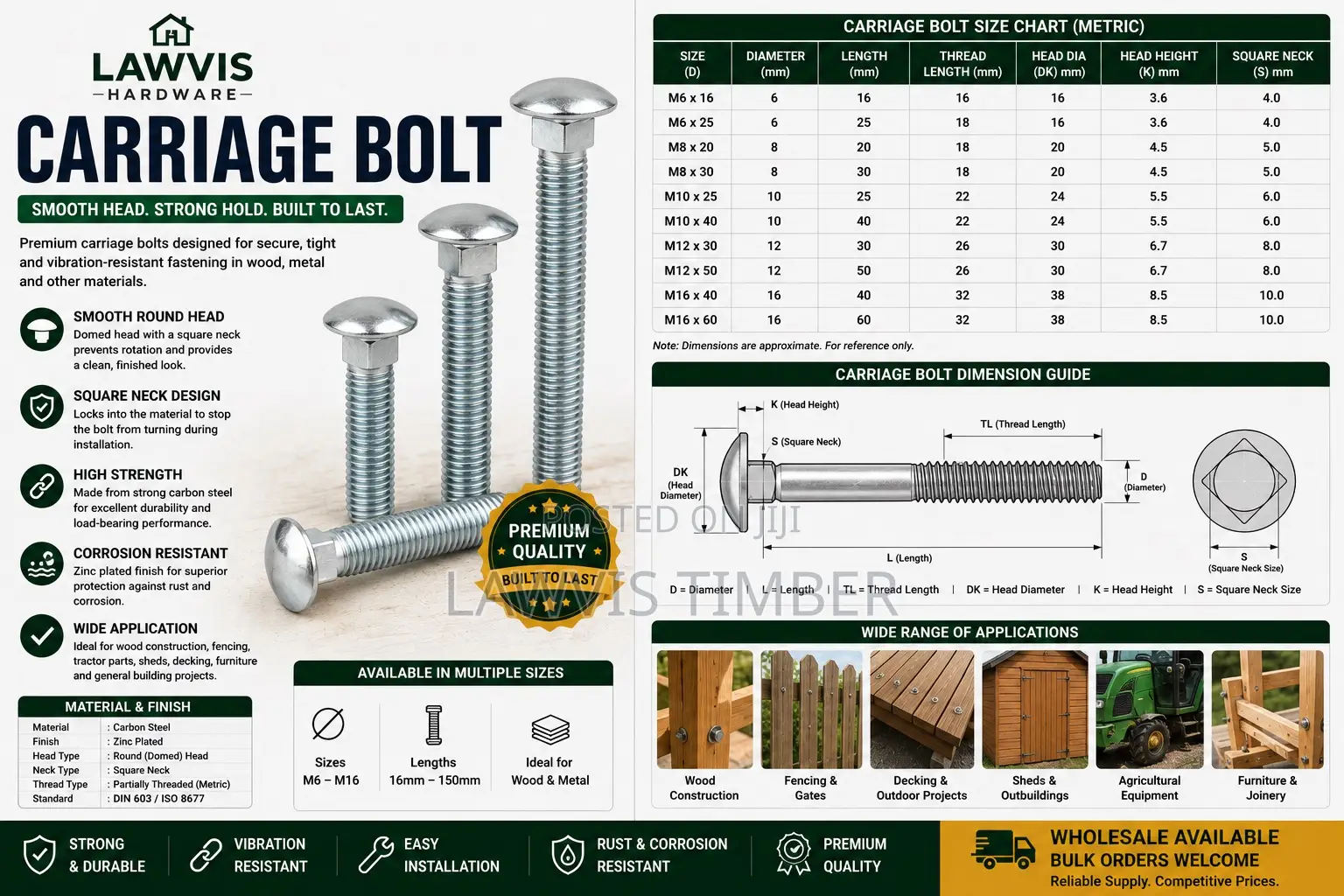 Premium Carriage Bolts Round Head Square Neck BoltsAll Sizes Available
