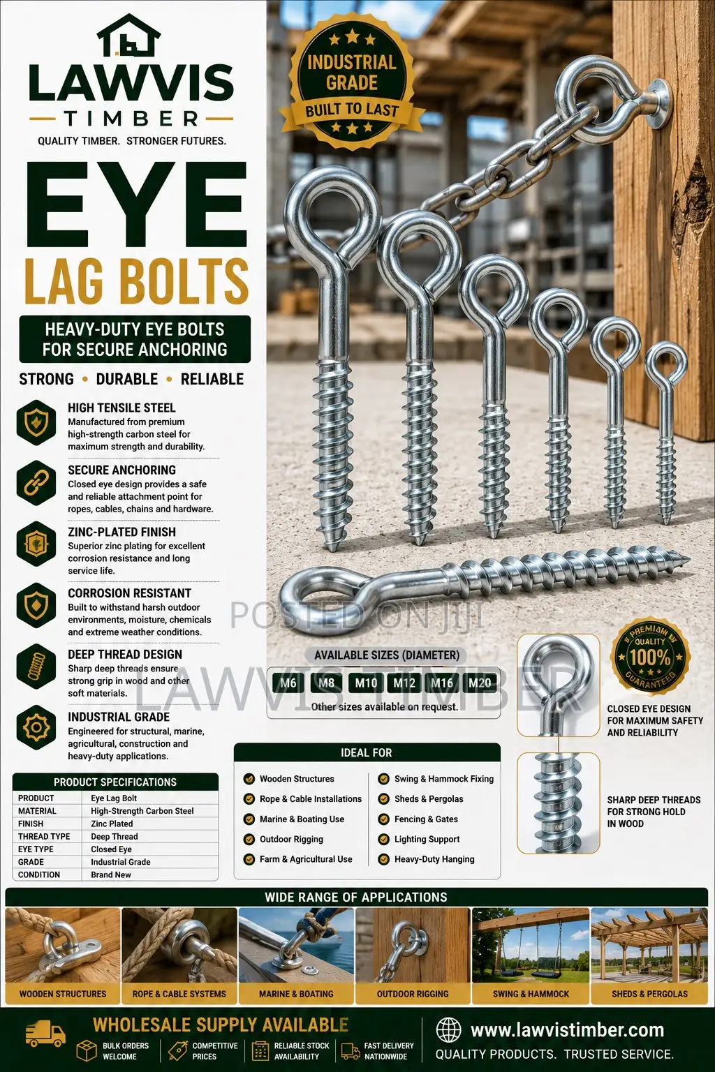 Premium Eye Lag Bolts |Wood Anchoring Suspension Fasteners