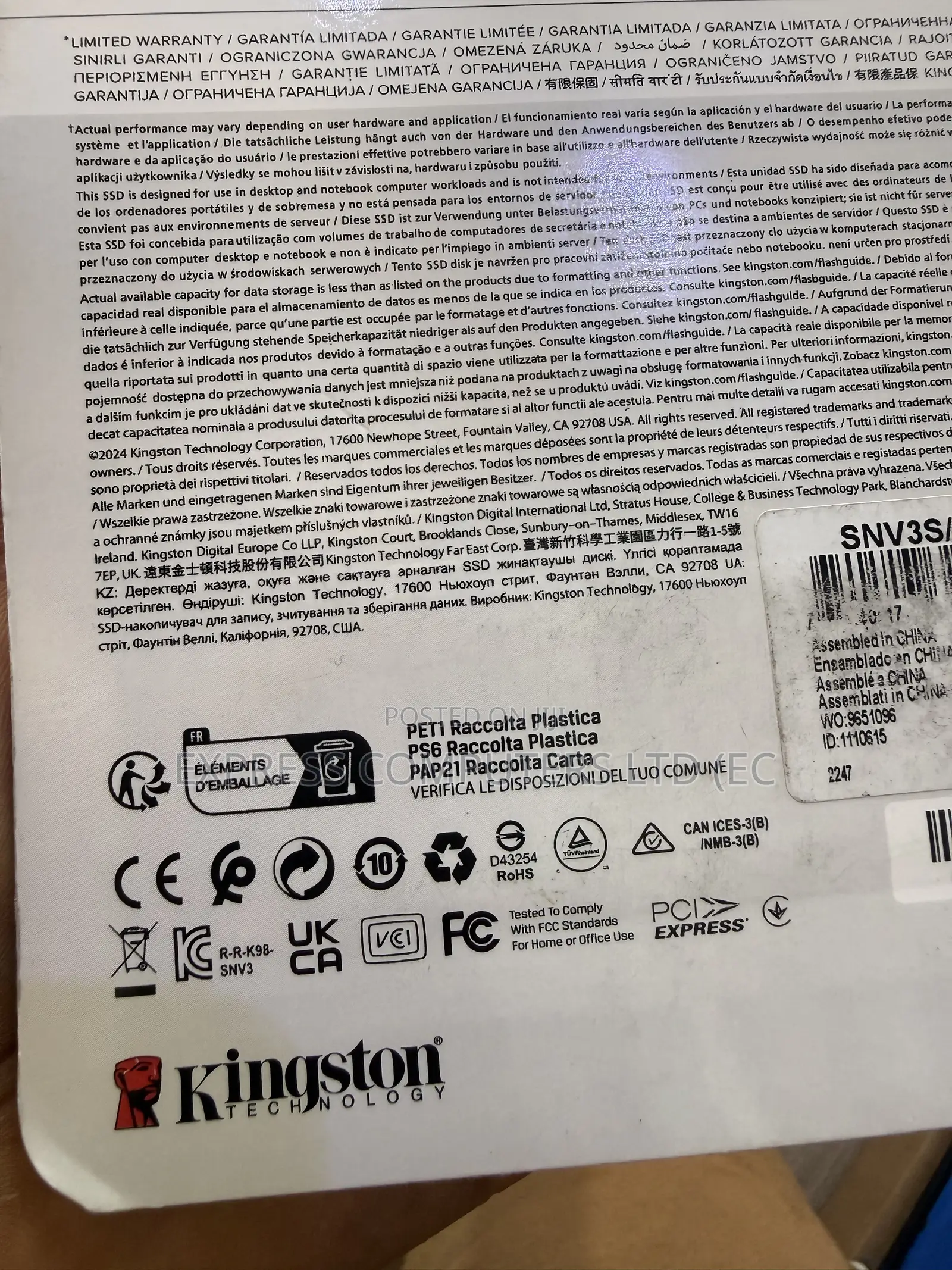 Kingston NV3 Gen4 M.2 NVMe SSD 4TB PCIe 4.0 X4, Speed 6000 MB/s Drive