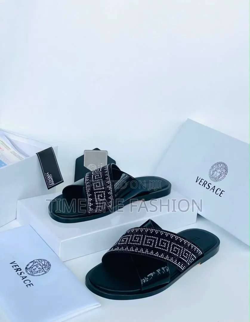 Versace Executive Men's Black Leather Cross Slippers
