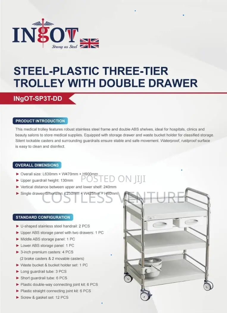 Ingot Steel-Plastic 3-Step Trolley With Double Drawer