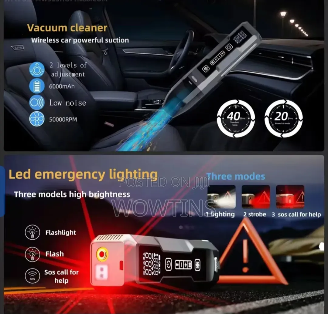 Multifunctional Vacuum Cleaner, Tire Inflator, Jump Starter Lighting