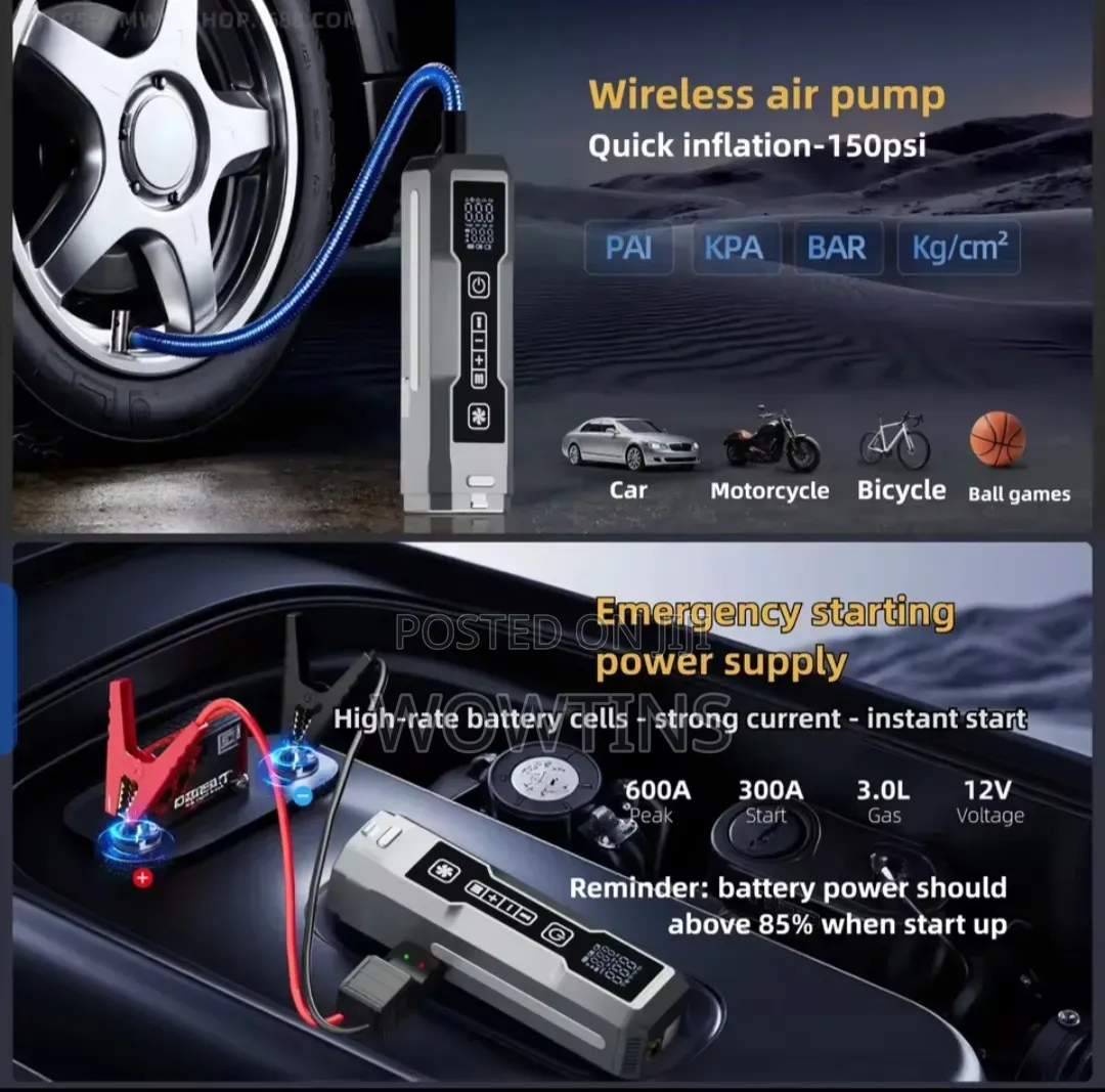Multifunctional Vacuum Cleaner, Tire Inflator, Jump Starter Lighting