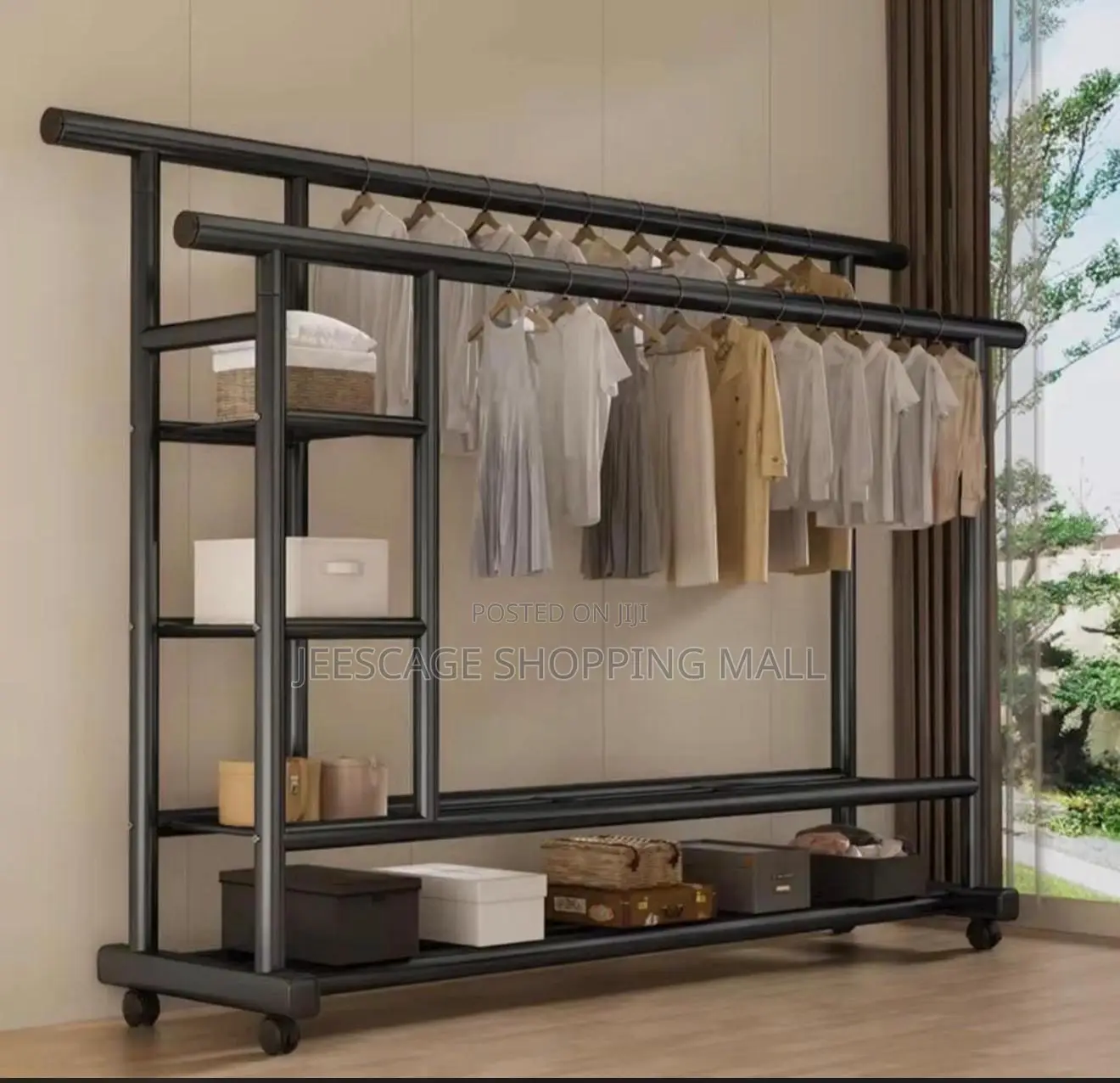 Double-Rod Clothing Storage Rack With Shelves