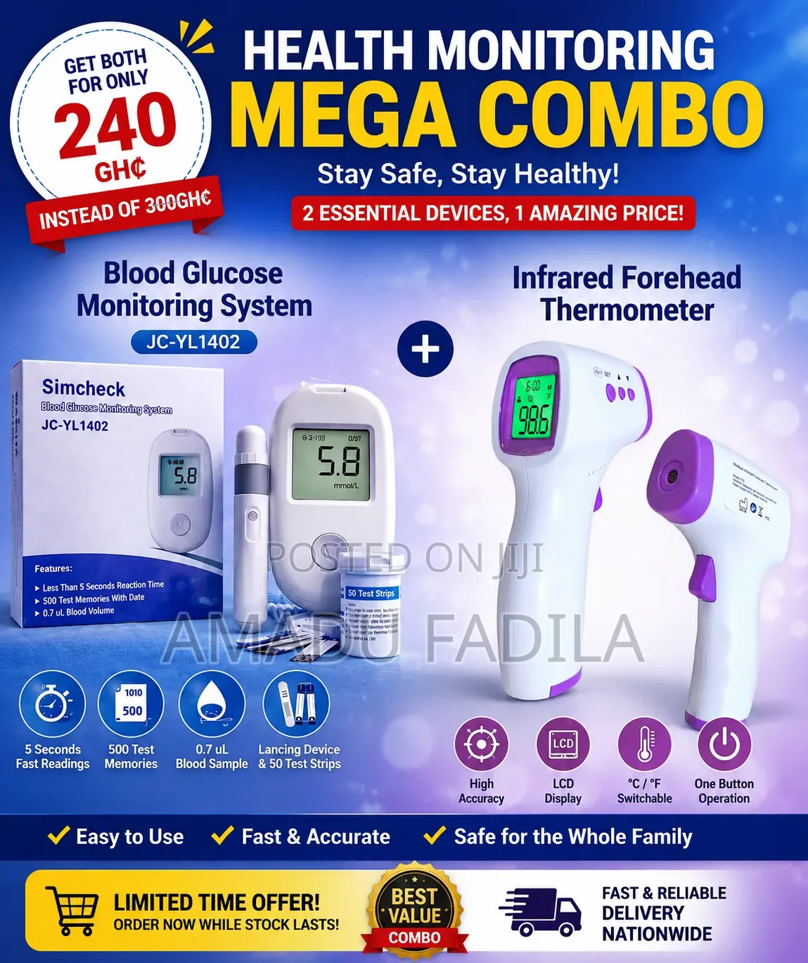 Blood Glucose Monitor + Infrared Thermometer Combo (GH₵240)