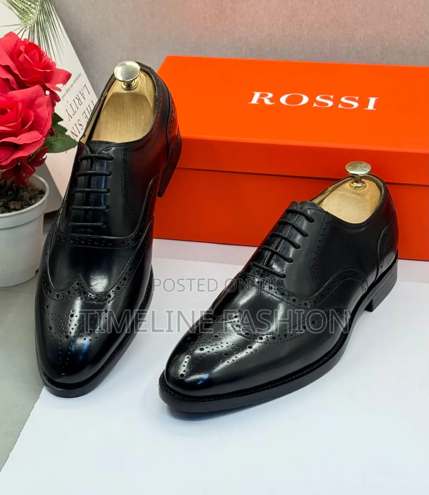 Rossi Black Leather Men's Formal Brogues Lace Up Shoes
