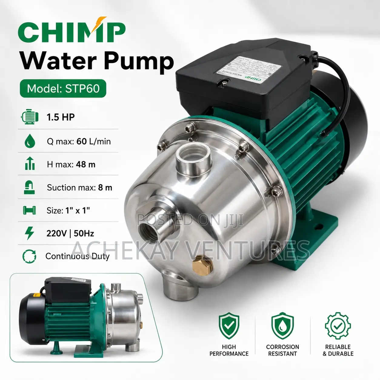 CHIMP STP60 Self-Priming Water Pump – 1.5HP Stainless Steel Body