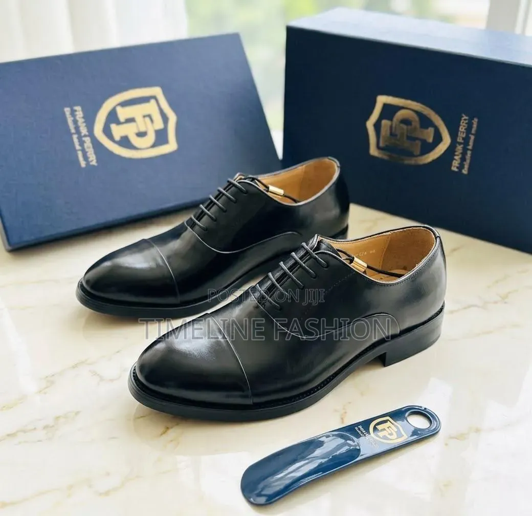 Black Leather Officers Cap Toe Shoes by Frank Perry