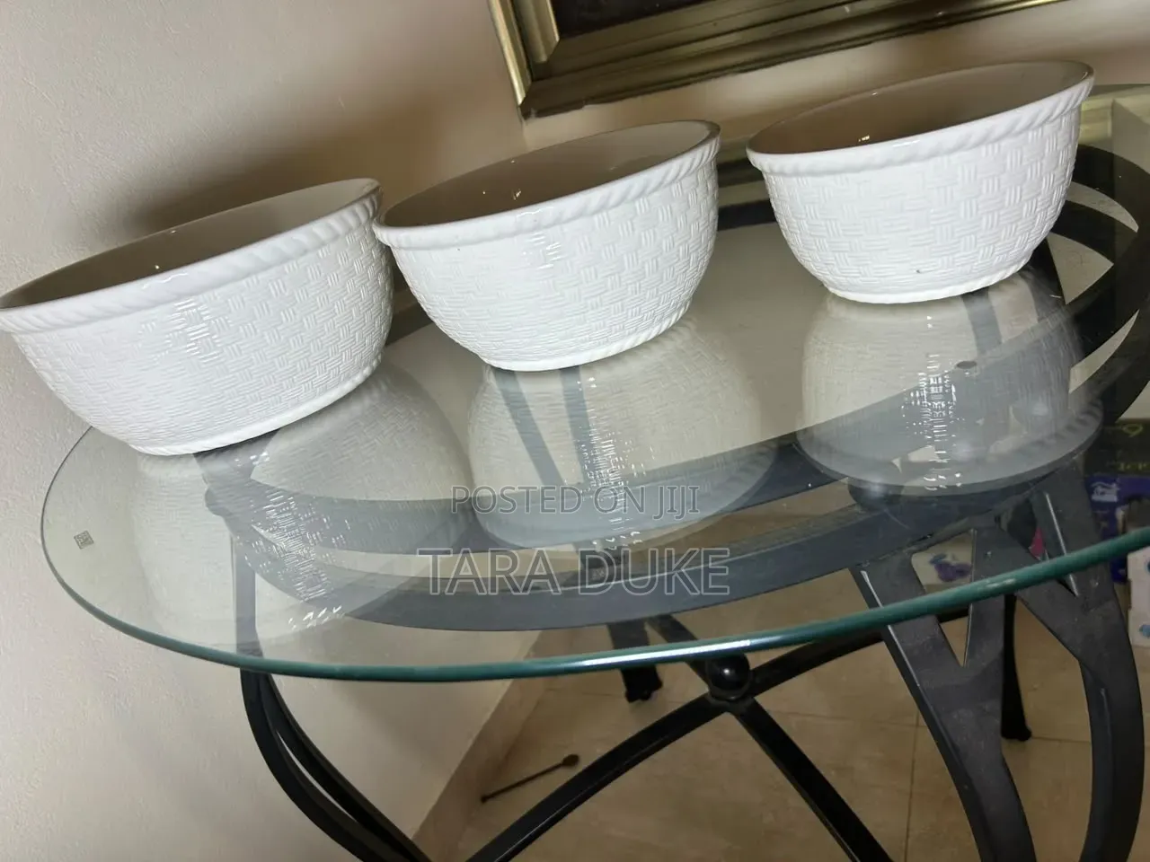 Set of 3 Woven Basket-Weave Ceramic Serving Bowls.