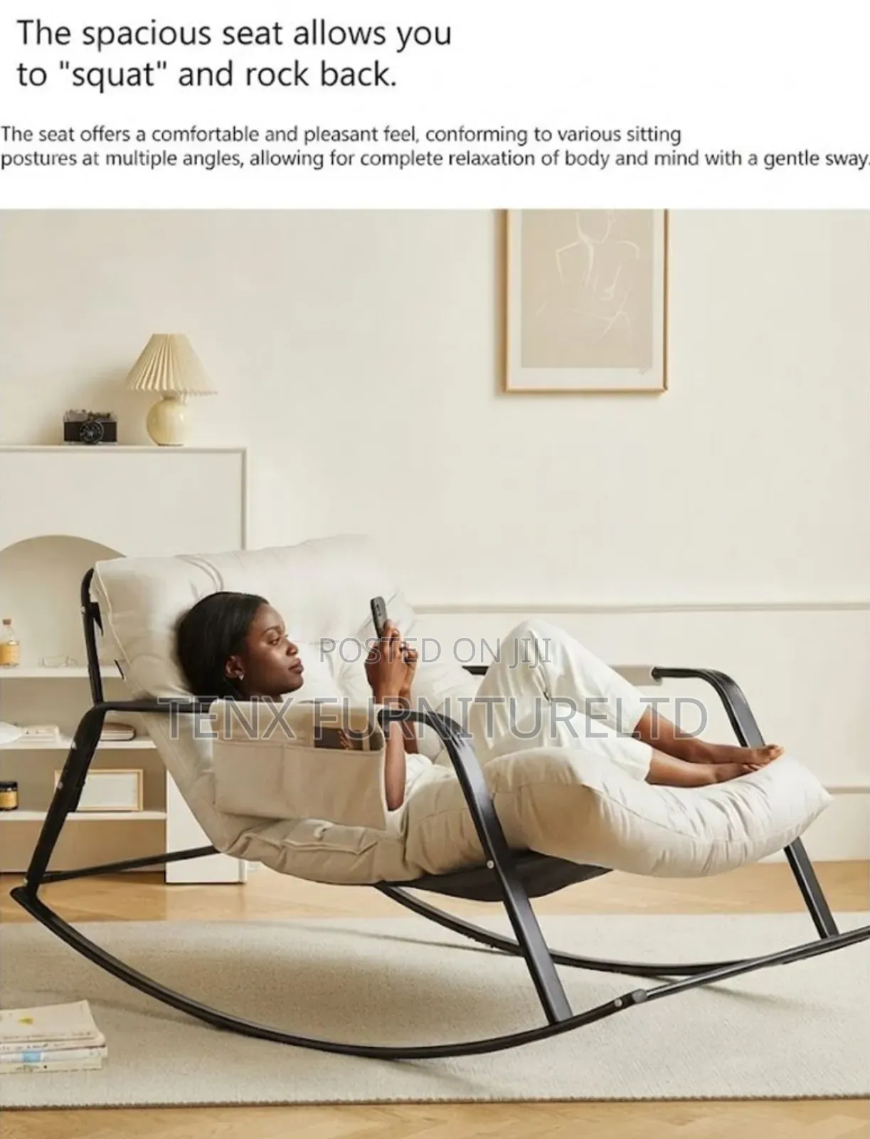 Rocking Chair With Side Pocket Anti-Tip Metal Base -