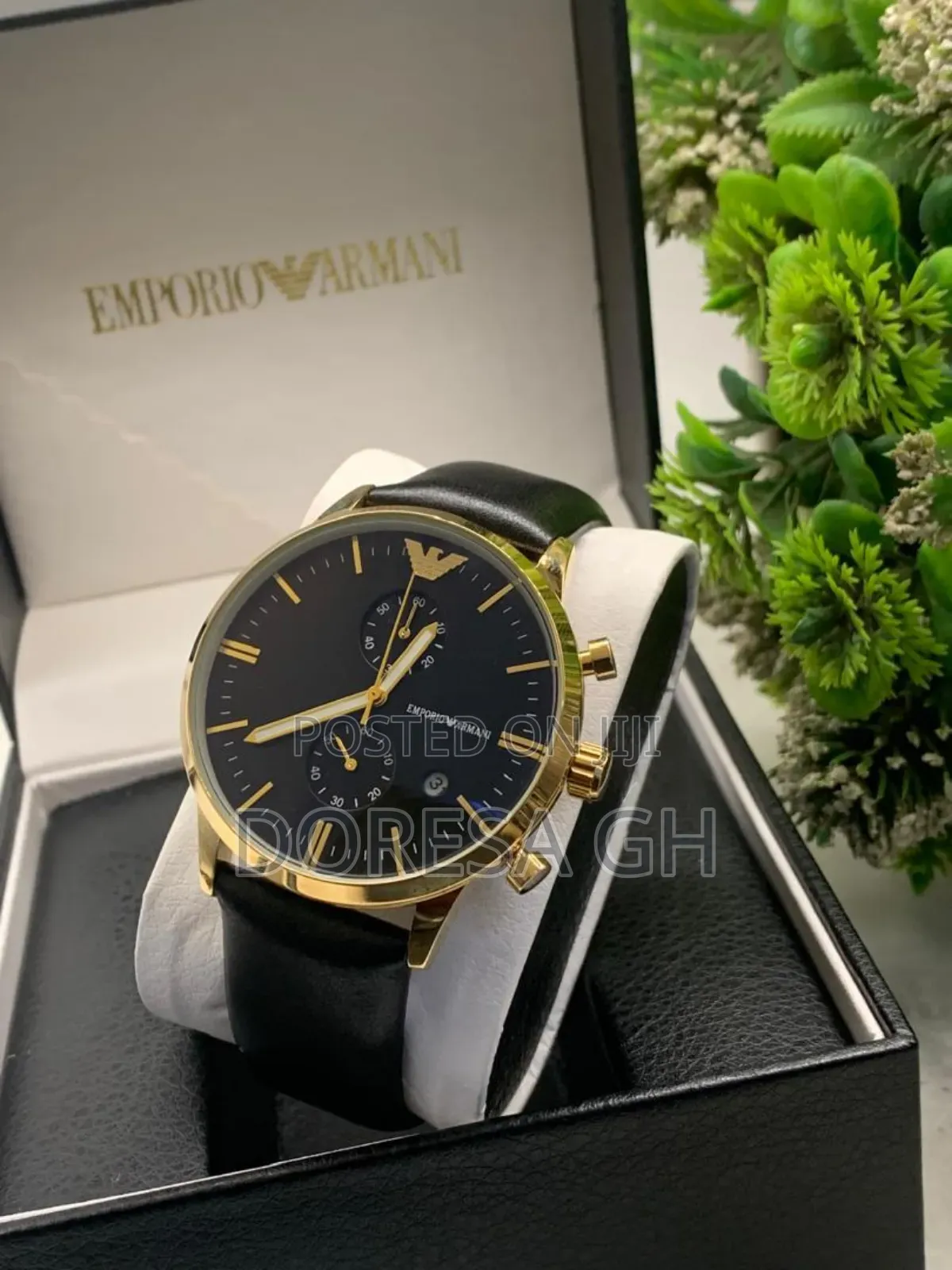 Armani Chronograph Leather Watch – Black Leather Strap Watch for Men