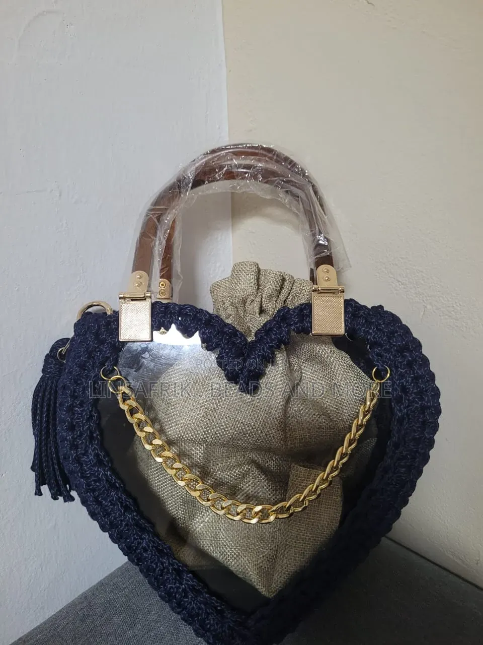 Navy Heart Crochet Bag