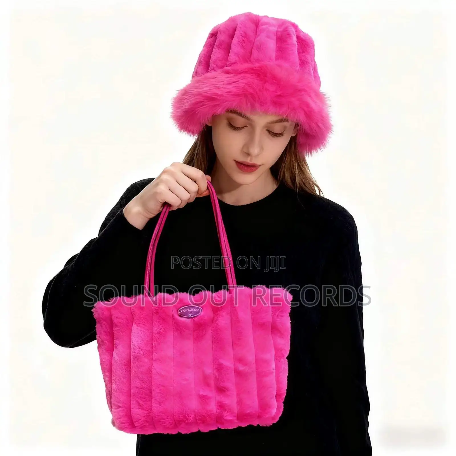 Plush Fur Casual Tote Bag Hat Set