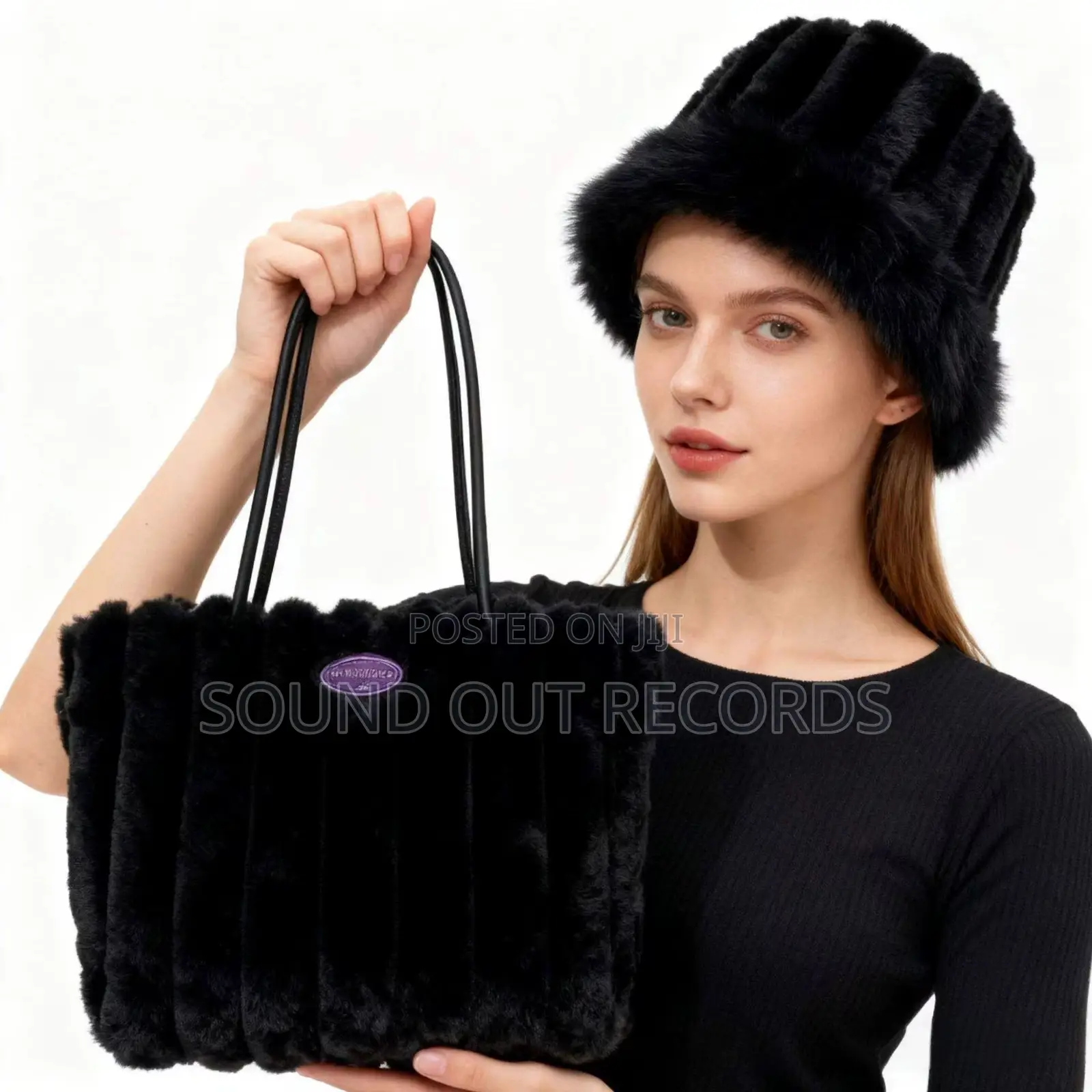 Plush Fur Casual Tote Bag Hat Set