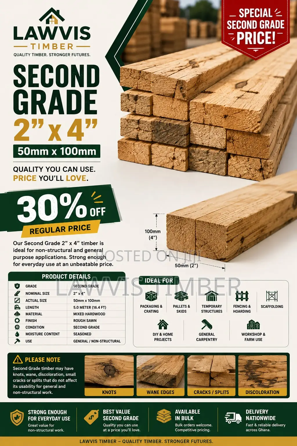 SECOND GRADE 2” × 4” TIMBER | 50 × 100 Mm | 30% OFF