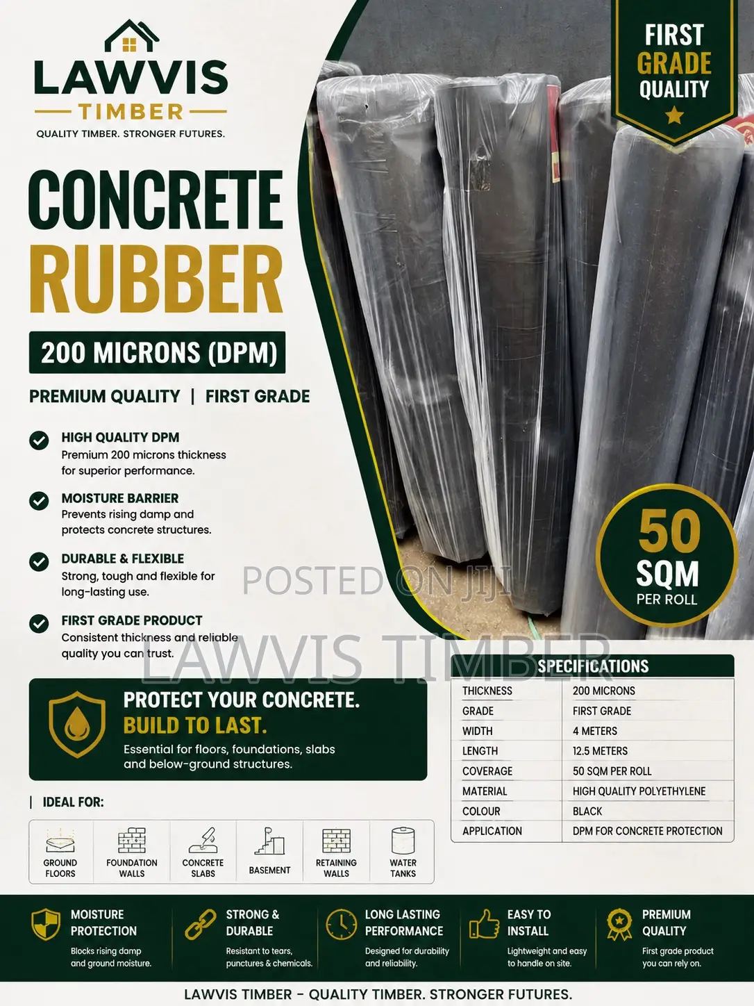 Concrete Rubber (DPM) | 200 Microns | 50 M2 Roll | First Grade