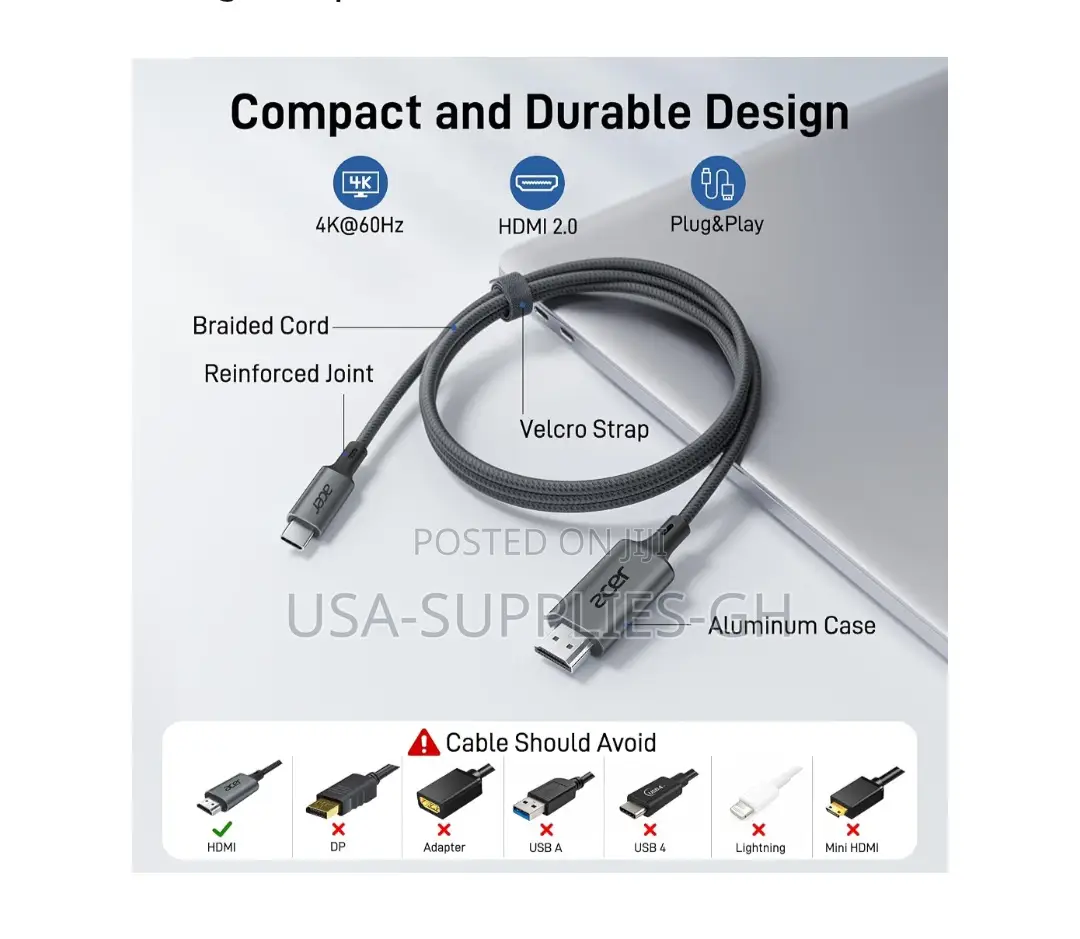 Acer USB C to Hdmi Cable 6.6 Ft( at 60hz)Type C to HDMI Cord From USA