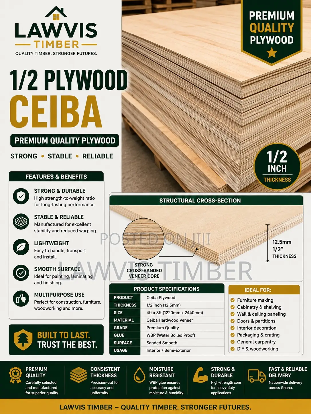 1/2” Ceiba Plywood | 12.5 Mm | Smooth, Strong Reliable