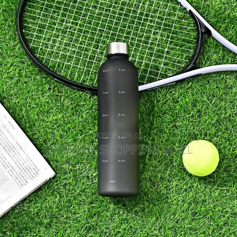 Matte Black Time-Marked Hydration Water Bottle With Silver Cap