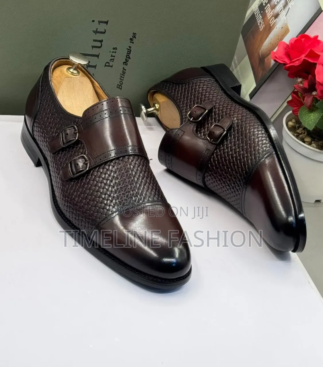 Coffee Brown Berluti Men's Leather Monk Strap Shoes