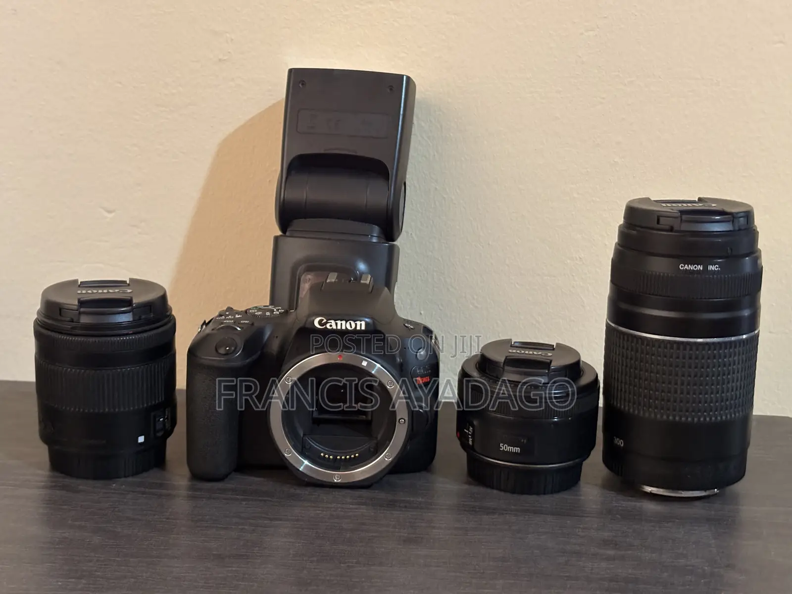 Canon EOS 200D Camera Body With 3 Lenses and a Godox Flash Light.