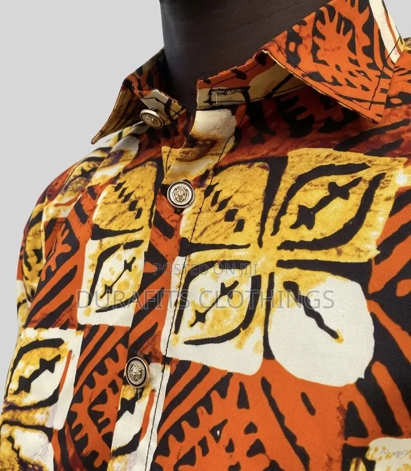Men’s Orange Geometric African Print Short-Sleeve Shirt