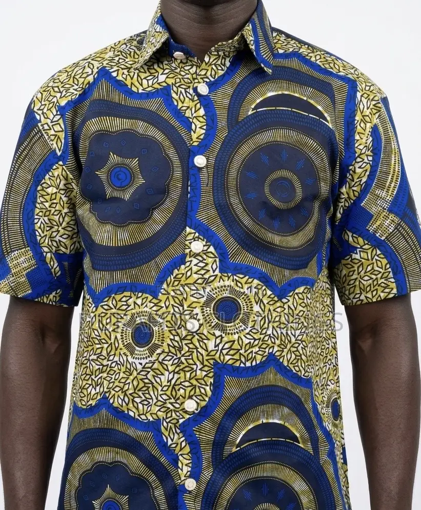 Men’s Blue Yellow Mandala African Print Short-Sleeve Shirt