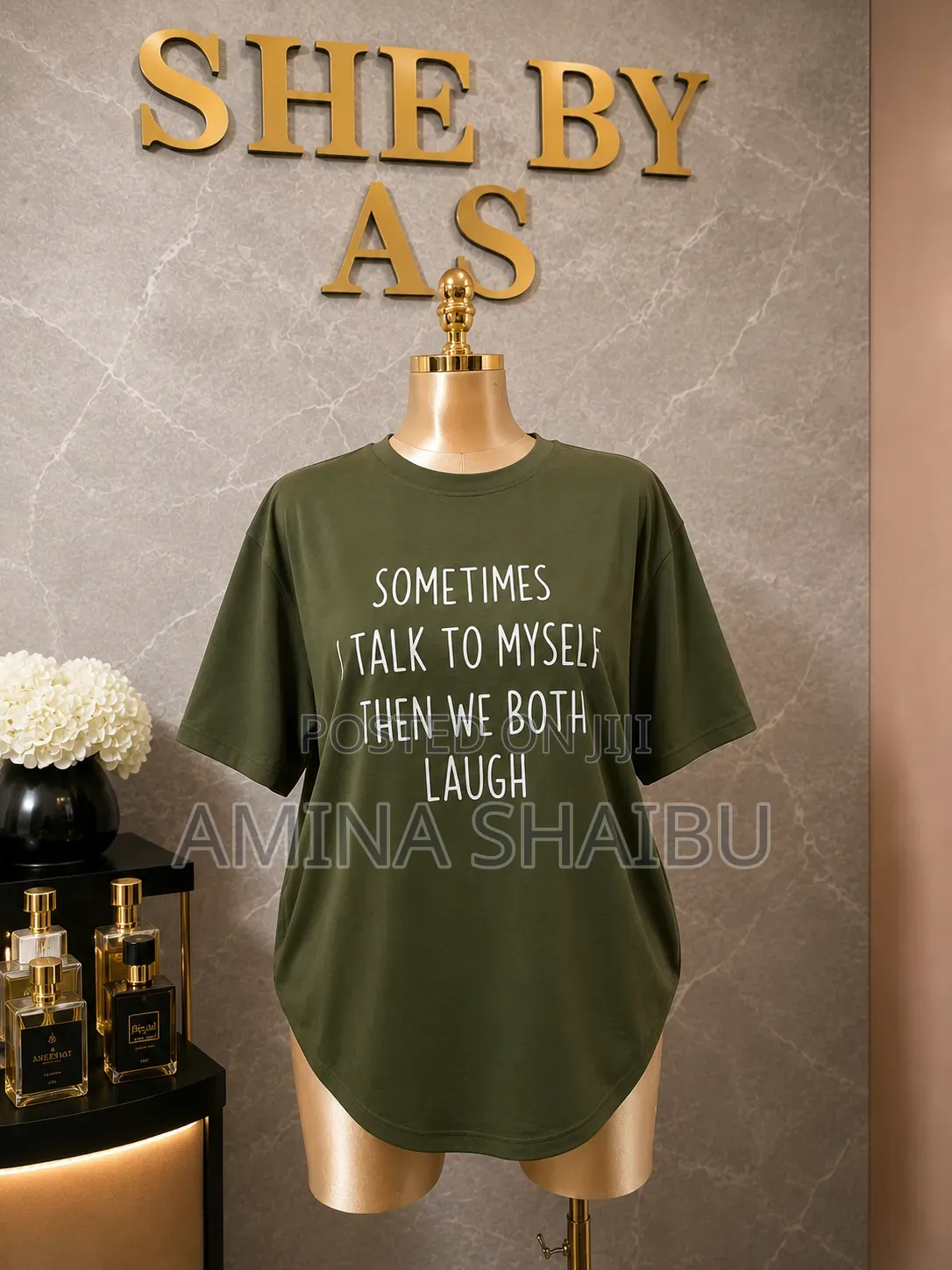 She by AS Luxury Casual Olive Green Typography T-Shirt