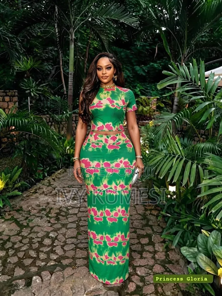 Vibrant Orange Green Tie-Dye Two-Piece Maxi Skirt Set