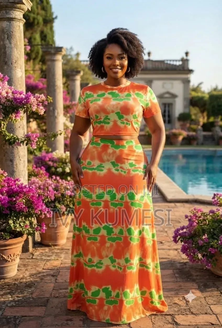 Vibrant Orange Green Tie-Dye Two-Piece Maxi Skirt Set