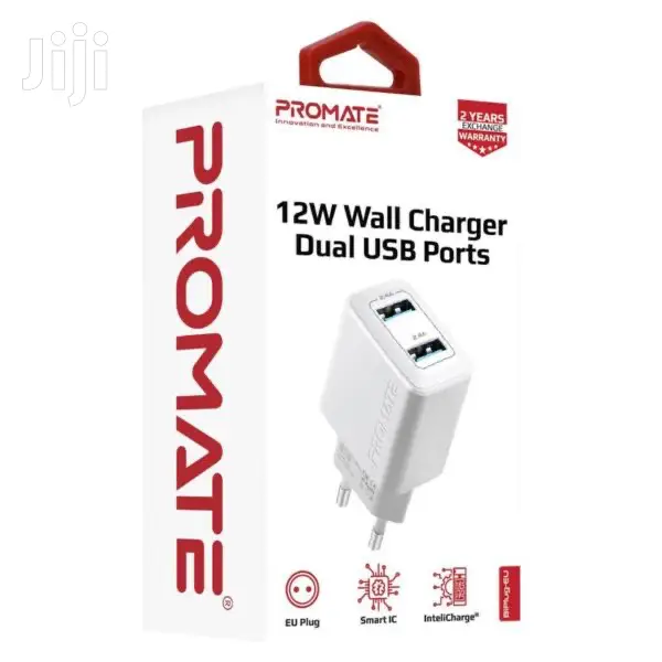 Promate Biplug 12W Wall Charger With Dual USB Ports(White)