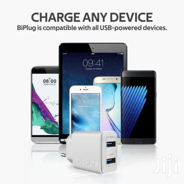 Promate Biplug 12W Wall Charger With Dual USB Ports(White)
