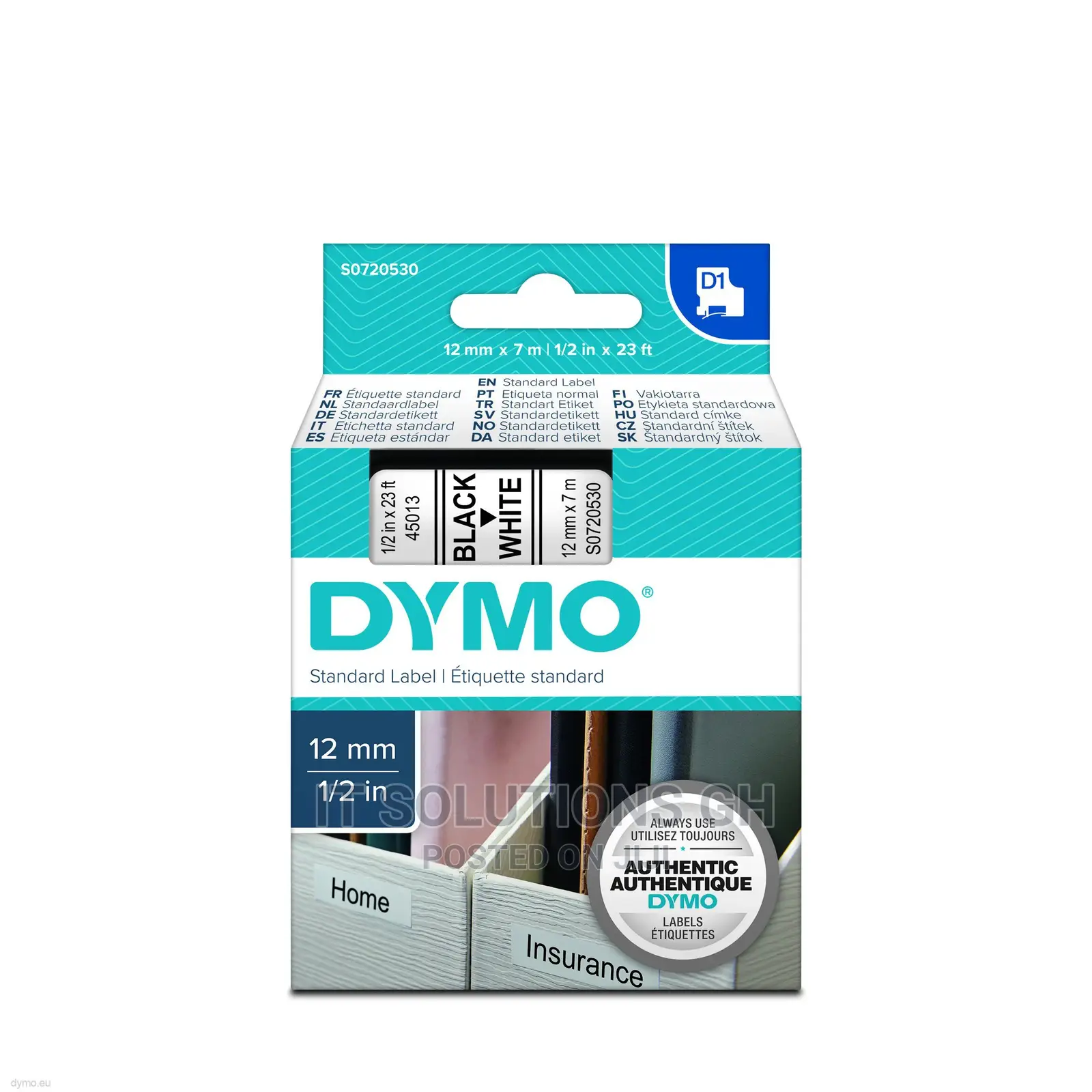 Dymo D1 Standard Labelling Tape 12mm X 7m -Black on White