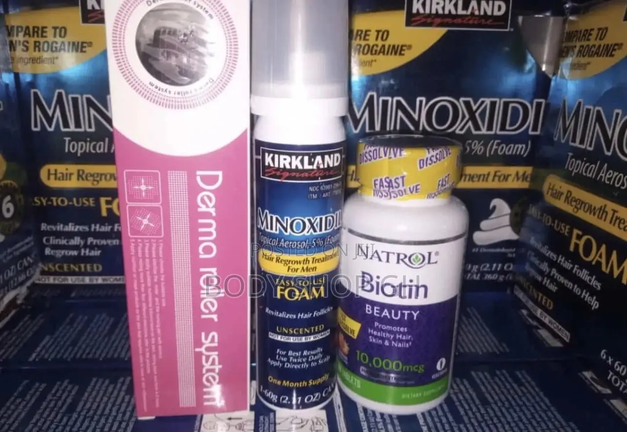 Derma Roller + Natrol Biotin +Kirkland Minoxidil Foam Combo