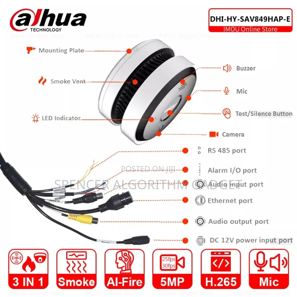 Dahua 5mp Ir Ai-Fire Smoke Detector Sensing Network Camera