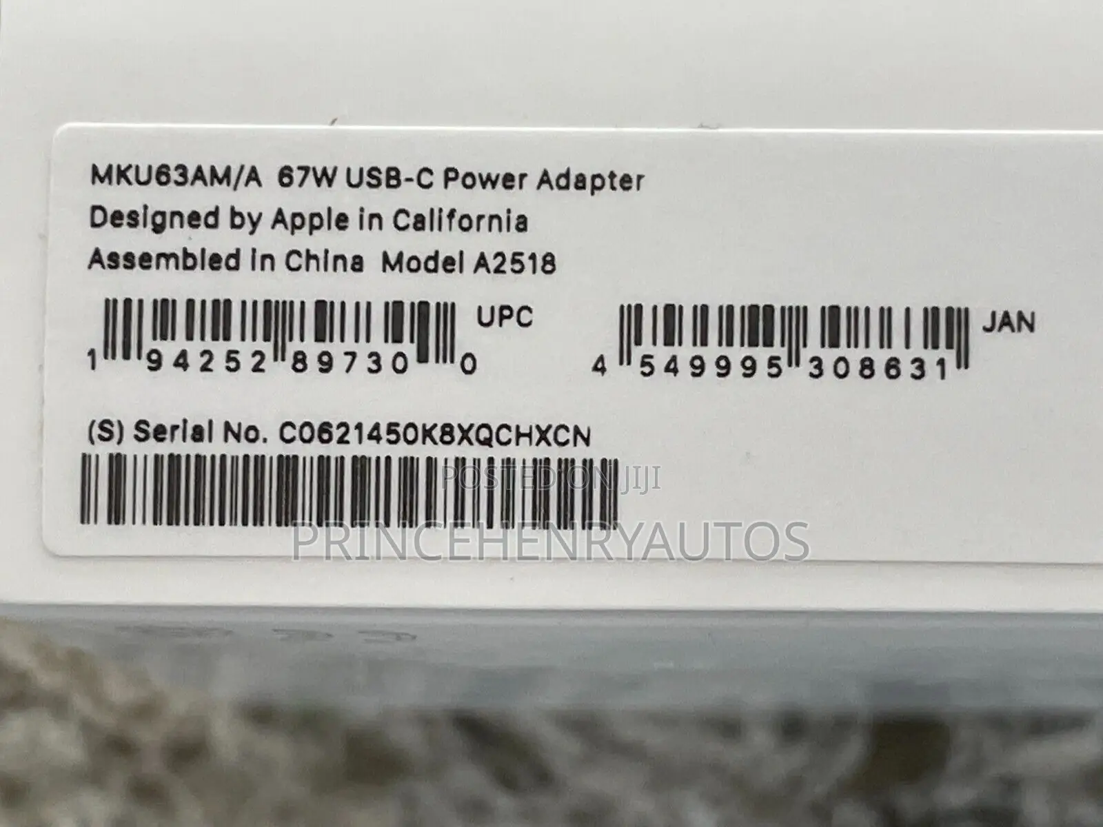 Apple 67w Usb C Power Adapter A2518 Mku63am/A