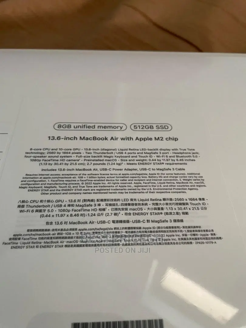 New Laptop Apple MacBook Air 2022 M2 8GB Apple M2 SSD 512GB