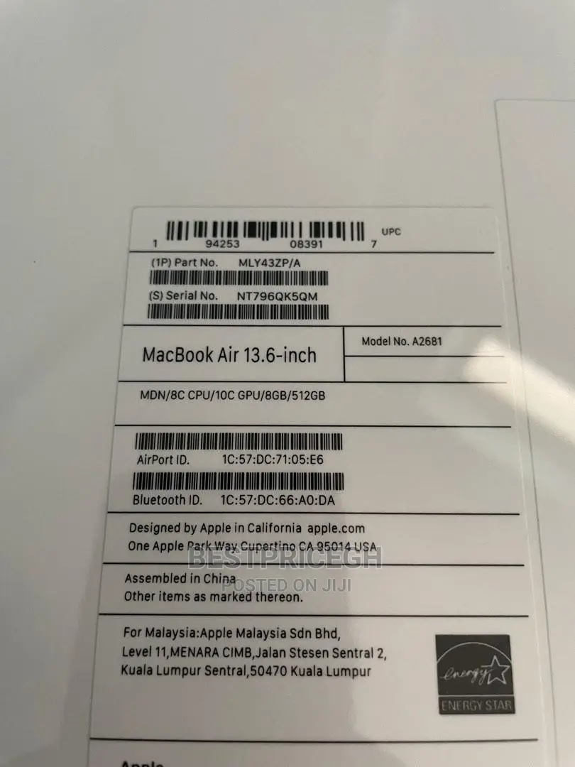 New Laptop Apple MacBook Air 2022 M2 8GB Apple M2 SSD 512GB
