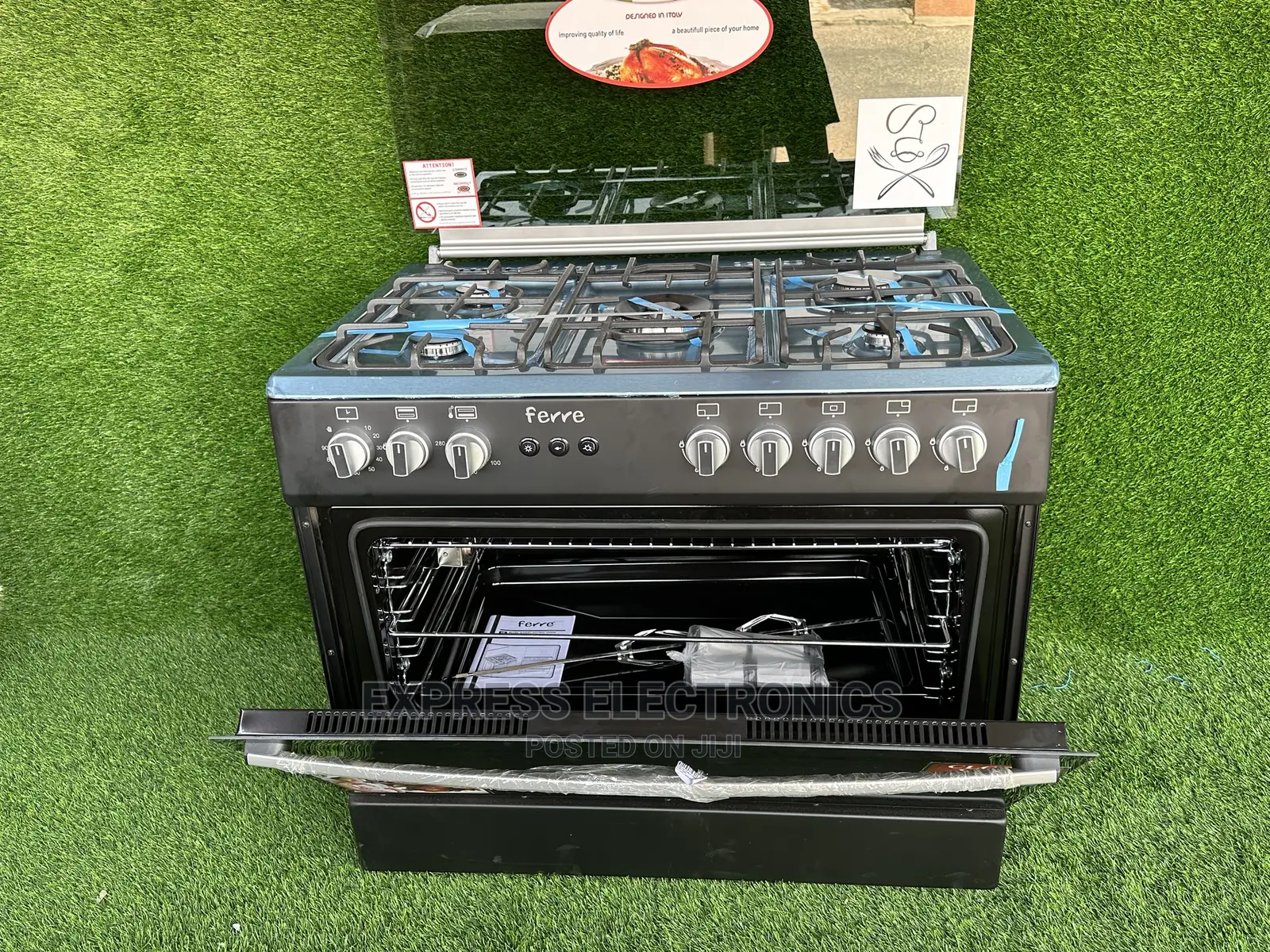 Ferre Gas Stove 5burner Oven Rotisserie Black Classic Design