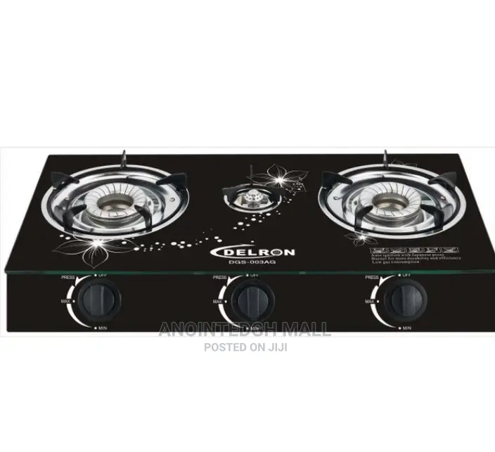 Delron 3 Burner Glass Table Top Automatic Stove - Black