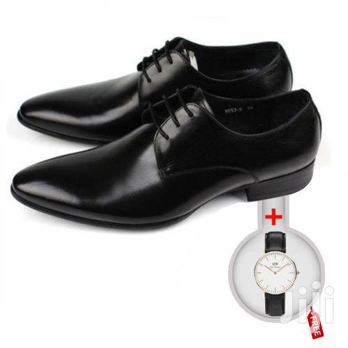 Leather Lace Up Shoes - Black + Free Leather Watch